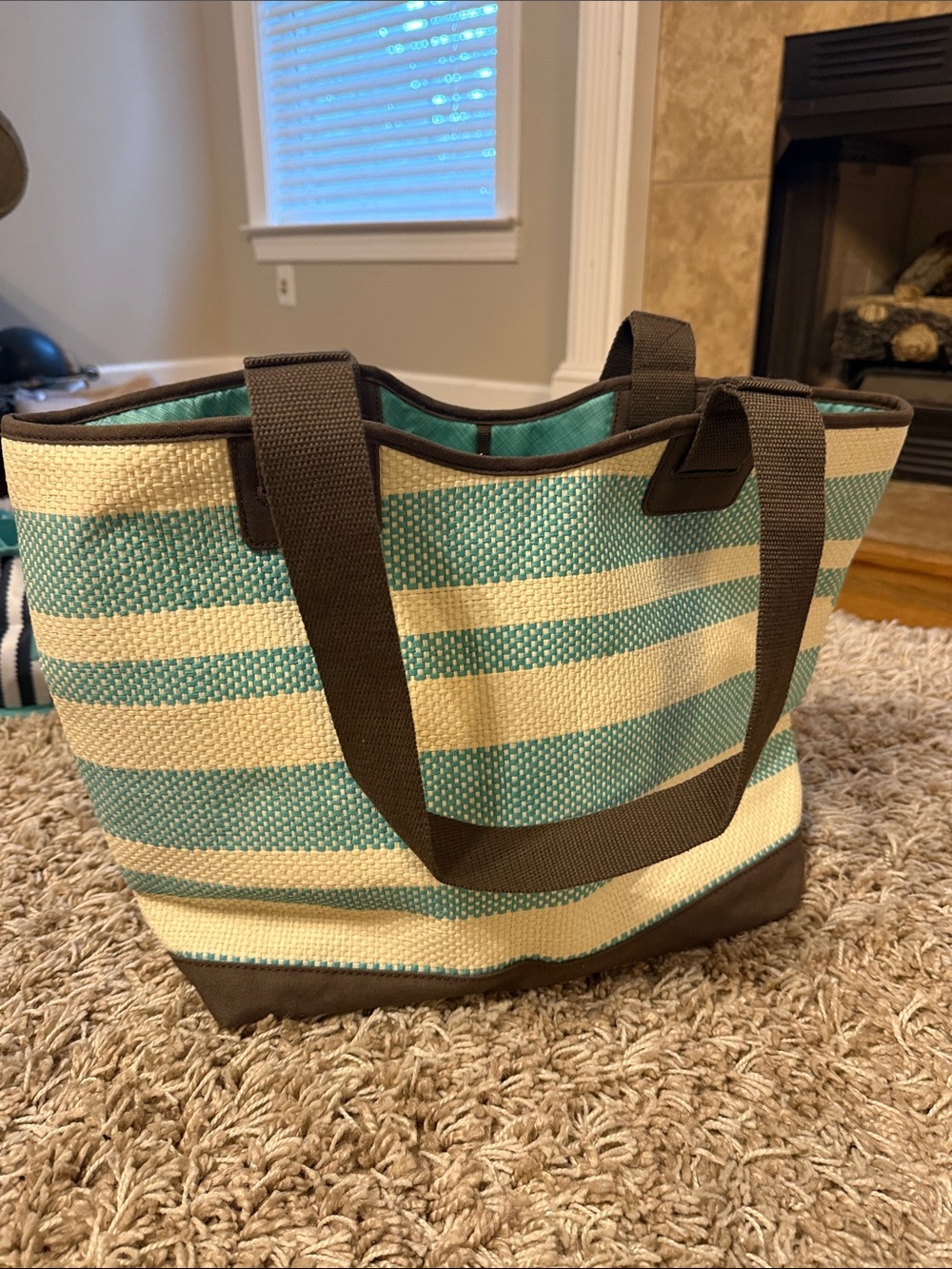 Thirty-one Striped straw Tote Bag in Aqua and Cream with Brown Trim, beach bag
